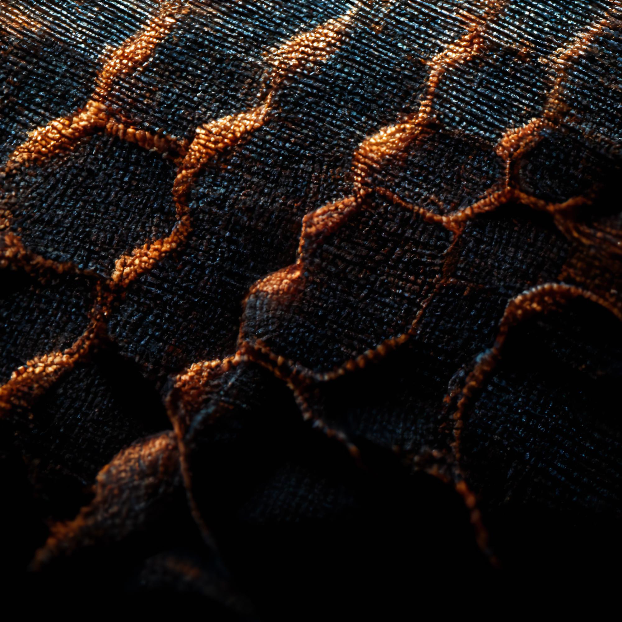 Close-up of geometric embroidery on dark textile